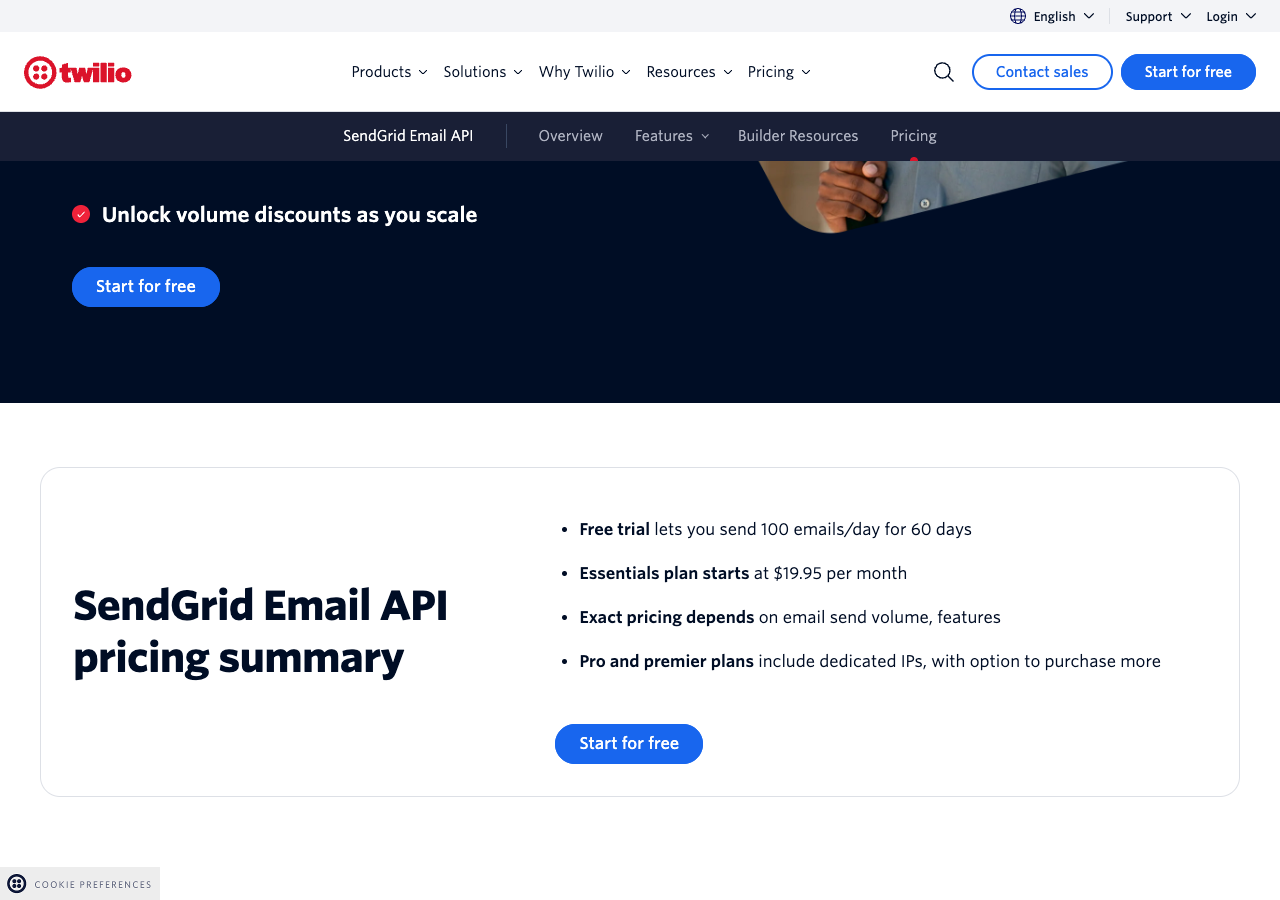Twilio SendGrid Email API pricing summary: free trial lets you send 100 emails a day for 60 days, Essentials plan starts at $19.95 per month, Pro and Premier plans include dedicated IPs