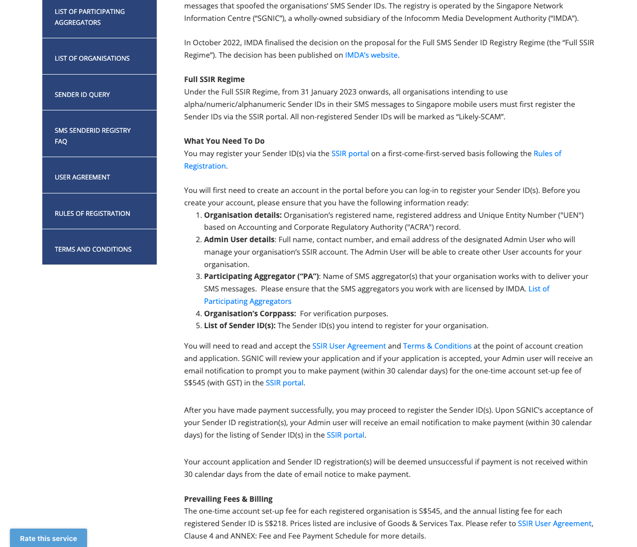 Singapore SMS Sender ID Registry overview page: from 31 January 2023 all non-registered sender IDs are marked Likely-SCAM; registration needs the organisation's UEN, a licensed participating aggregator and Corppass; fees are S$545 per organisation and S$218 a year per sender ID including GST