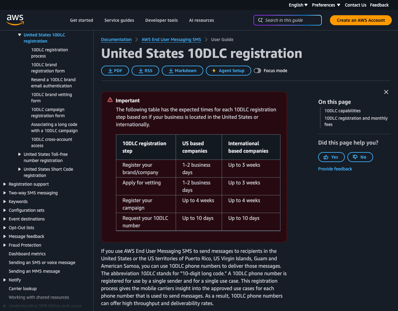 AWS End User Messaging documentation page United States 10DLC registration, with a table of expected times for brand registration, vetting, campaign registration and number requests for US and international companies