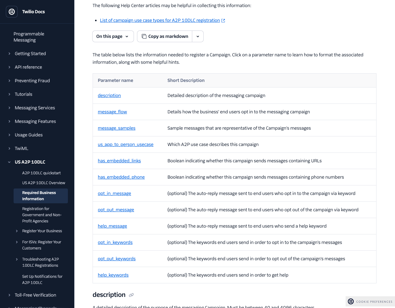 Twilio documentation table listing the fields of an A2P 10DLC campaign registration: description, message_flow, message_samples, use case, embedded links and phones, and opt-in, opt-out and help messages and keywords
