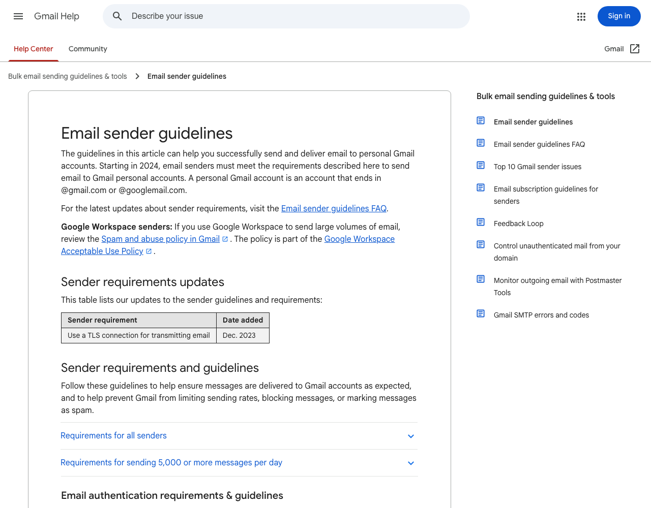 Google's Email sender guidelines page with the requirements for all senders and for senders of 5,000 or more messages a day