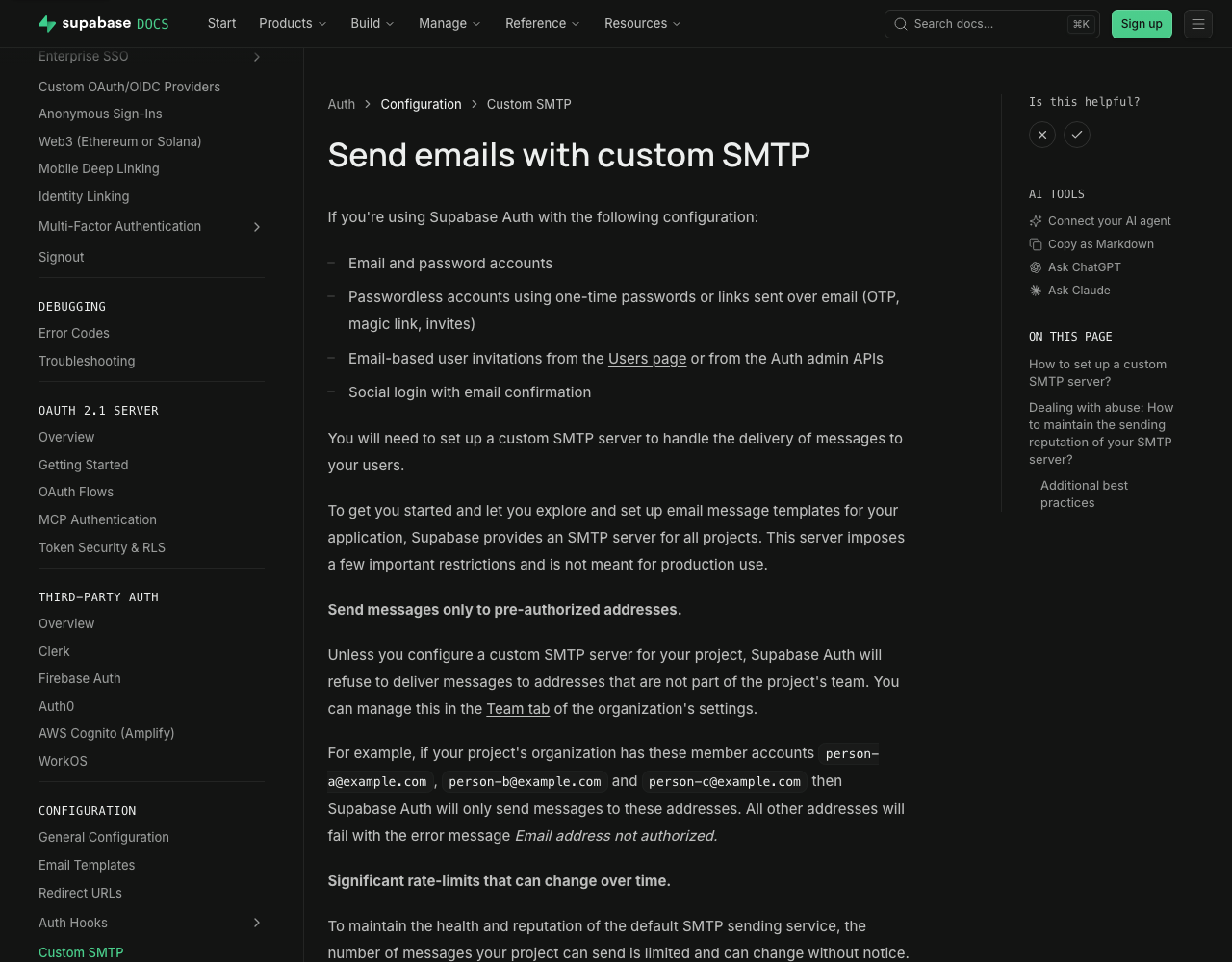 Supabase documentation page Send emails with custom SMTP, listing the restrictions of the built-in SMTP server