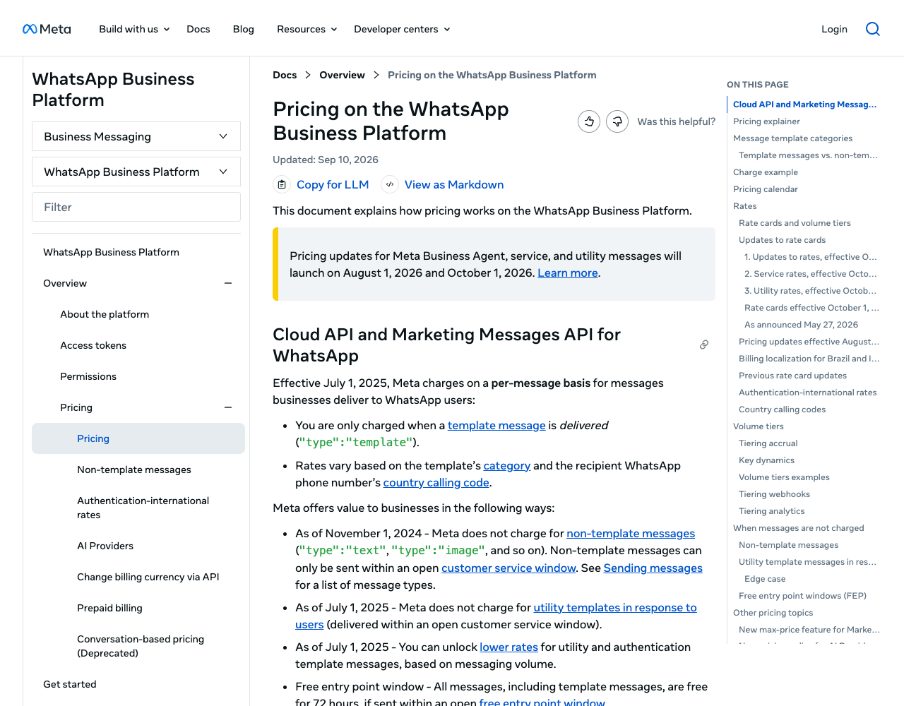 Meta's Pricing on the WhatsApp Business Platform page, updated 10 September 2026, with the per-message pricing summary and the notice about August and October 2026 changes