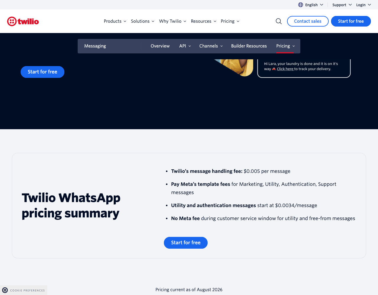 Twilio WhatsApp pricing summary: a message handling fee of $0.005 per message plus Meta's template fees