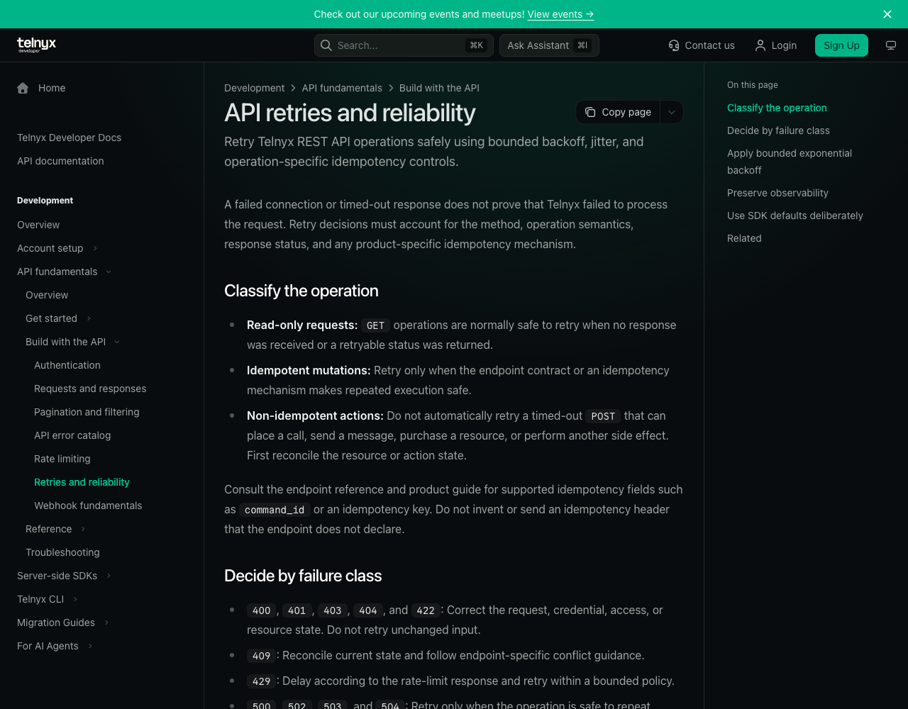 Telnyx API retries guide: do not automatically retry a timed-out POST that sends a message