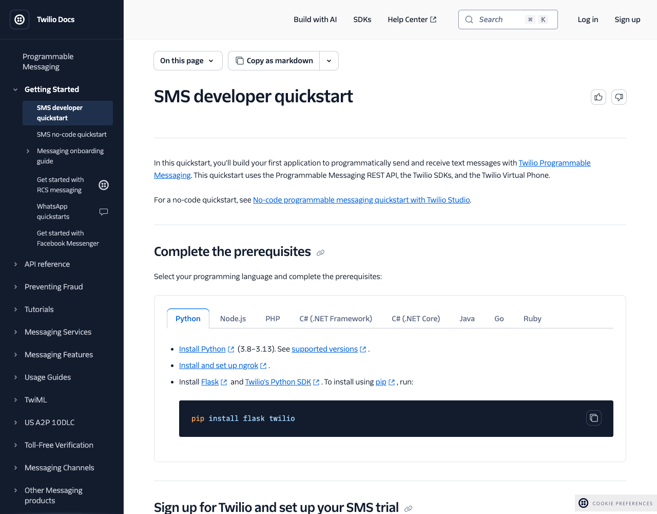 Twilio SMS developer quickstart, Python prerequisites listing Python 3.8–3.13