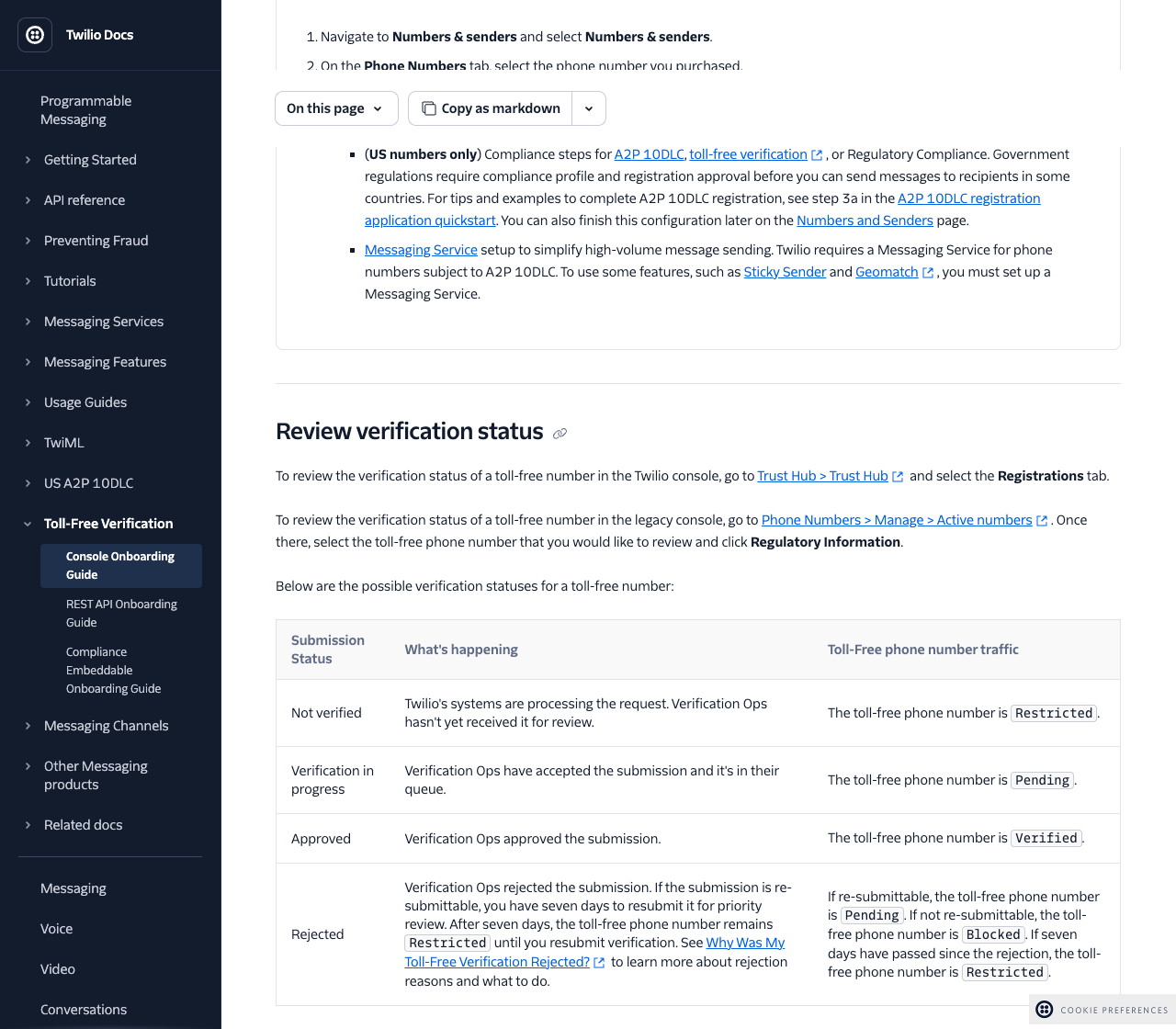 Twilio documentation table of toll-free verification statuses: Not verified means Restricted, Verification in progress means Pending, Approved means Verified, and Rejected gives seven days to resubmit for priority review