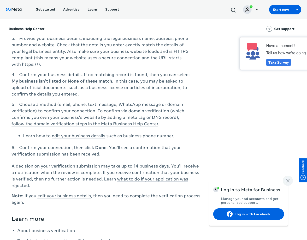 Meta Business Help Center article on verifying a business in Meta Business Suite: steps 3 to 6, the note that a decision may take up to 14 business days, and the rule that edited details need re-verification